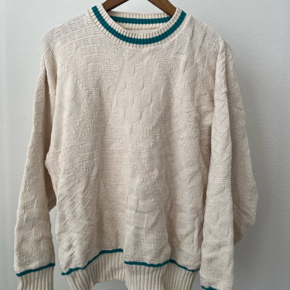 Cream Sweater with Teal Accents